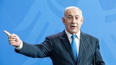 Israeli Prime Minister Benjamin Netanyahu and German Chancellor Angela Merkel (not in picture) address the media during a joint news conference after their meeting at the Chancellery in Berlin, Germany, on June 4, 2018. Omar Messinger / EPA