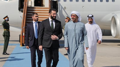 Mr Al Shara and his accompanying delegation at Al Bateen Airport in the UAE where they were received by Sheikh Abdullah bin Zayed, Deputy Prime Minister and Minister of Foreign Affairs. Sana
