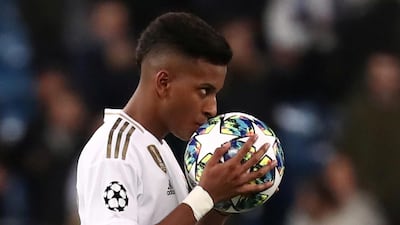 Real Madrid's Rodrygo celebrates his hat-trick at the end of the 6-0 demolition of Galatasaray. Reuters