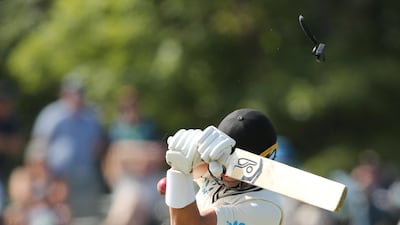 New Zealand's Kyle Jamieson is hit on the helmet in Christchurch on Sunday. Reuters
