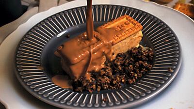 A chai parfait with Parle-G biscuits, a nostalic creation for Indians.