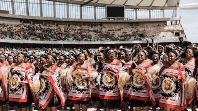 Women wearing traditional attire from Swaziland perform a dance at the King Misuzulu Zulu's coronation at the Moses Mabhida Stadium in Durban. AFP