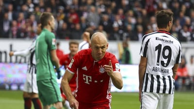Bayern Munich's Arjen Robben celebrates a goal against Eintracht Frankfurt in the Bundesliga on Saturday. Kai Pfaffenbach / Reuters / October 15, 2016