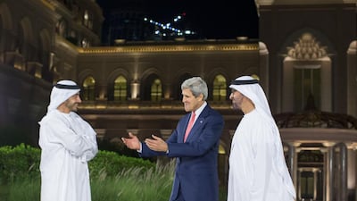 Sheikh Mohammed bin Zayed, Crown Prince of Abu Dhabi and Deputy Supreme Commander of the Armed Forces, and Sheikh Abdullah bin Zayed, the Minister of Foreign Affairs, greet the US secretary of state John Kerry last night on his arrival in Abu Dhabi. Ryan Carter / Crown Prince Court – Abu Dhabi