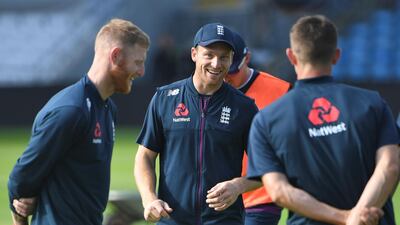 England's Ben Stokes and Jos Buttler during a warm-up. AFP