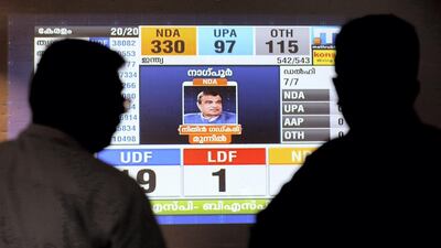 Congress supporters watch the results on the big screen at the Indian association in Sharjah. Satish Kumar for The National