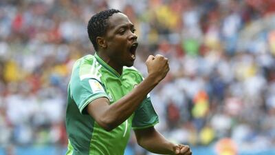 Nigeria's Ahmed Musa celebrates his goal during the 2014 World Cup Group F soccer match against Argentina at the Beira Rio stadium in Porto Alegre June 25, 2014. (REUTERS/Stefano Rellandini)