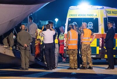 An Italian Air Force flight carrying a group of Palestinian children evacuated from Gaza who will be treated in Italy. EPA