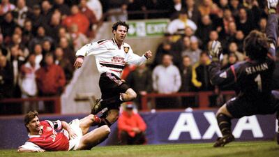 Ryan Giggs of Manchester United scores the winning goal in the 1999 FA Cup semi final replay. United went on to secure a treble of the Premier League, FA Cup, and Champions League. Getty Images