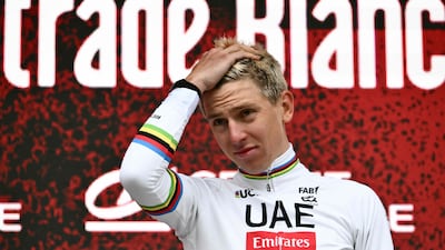 UAE Team Emirates's Slovenian Tadej Pogacar celebrates. AFP