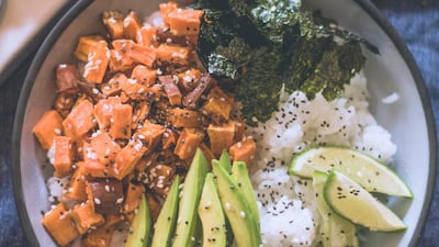 Roasted coconut-sweet potato sushi bowls with sesame avocado. Photo by Scott Price
