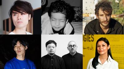 Shortlisted artists, clockwise from top left, Ryoichi Kurokawa, Jumairy, Ahmed Alaqra, Hamra Abbas, Yokome et Bouayad and Rintaro Fuse. Photo: Louvre Abu Dhabi