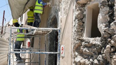 Plasterers restoring the Old City of Mosul. The project employs more that 600 locals and is set to exceed a target of 1,000 employment and training opportunities by its conclusion in 2023, said UAE Minister for Culture and Youth Noura Al Kaabi. Reuters