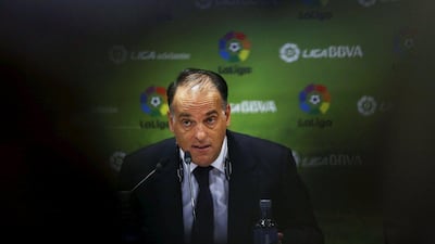 Spanish Football League (LFP) president Javier Tebas shown at a press conference in Madrid on Monday. Susana Vera / Reuters / May 11, 2015