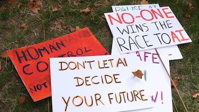 Placards belonging to PauseAI activists in London. Calls for tightening the grip on AI are growing amid safety concerns and high-profile hacks in recent months. Getty Images