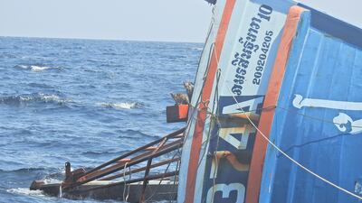 Cats look out from a sinking boat in the Andaman Sea. Reuters