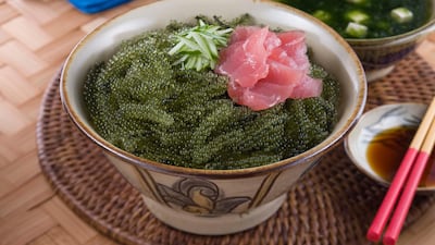 Umi-budo don, a traditional Okinawan seaweed dish, and dried asa-jiru seaweed. Getty Images