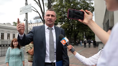 Former boxing world champion and mayor of Ukraine's capital, Vitali Klitschko, speaks outside the parliament building in Kiev last year. Getty images