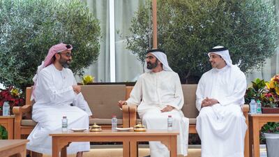 Sheikh Mohammed bin Rashid, Vice President and Ruler of Dubai, with Sheikh Mansour bin Zayed, Deputy Prime Minister and Minister of Presidential Affairs and Sheikh Tahnoun bin Zayed, the UAE's National Security Adviser.