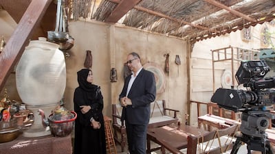 Maryam Al Mheiri, twofour54’s acting CEO, and Fadi Ismail, general manager of O3 Productions, at the 4,000 square-metre outdoor set for film production at Khalifa Industrial Zone. Courtesy twofour54