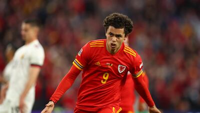 Wales' Brennan Johnson celebrates after his equaliser. Getty