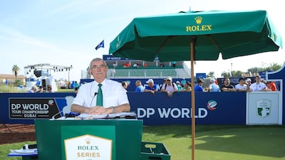 Official starter Alastair Scott looks on from the first tee during day two of the DP World Tour Championship at Jumeirah Golf Estates in Dubai, United Arab Emirates. Getty Images