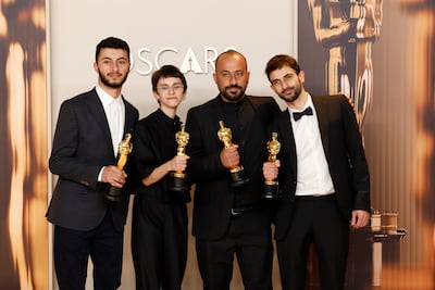 From left to right: Basel Adra, Rachel Szor, Hamdan Ballal and Yuval Abraham at the 2025 Oscars. EPA