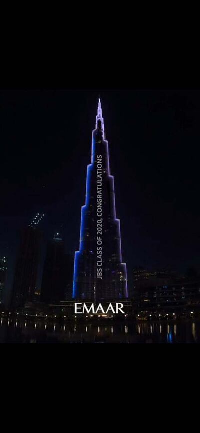 A parent at Jumeira Baccalaureate School sponsored a message for pupils on the Burj Khalifa. Courtesy - Jumeira Baccalaureate School