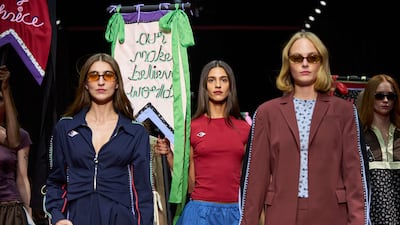 Models showcase a collaboration between Kresha Bajaj and Alok Lodha Jewels at Dubai Fashion Week. Photo: Getty Images