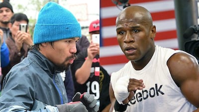 Manny Pacquiao, left, and Floyd Mayweather Jr., right, will contest the biggest fight of the century on May 2. Frederic Brown / AFP / Isaac Brekken / AP Photo