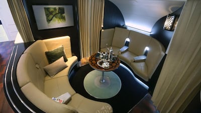 Etihad Airways' The Lobby on the Airbus A380, which can seat six, will allow first and business class guests to gather while onboard the plane. Delores Johnson / The National