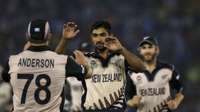 New Zealand's Ish Sodhi (C) celebrates with his teammates after taking the wicket of Pakistan's captain Shahid Afridi. REUTERS/Adnan Abidi