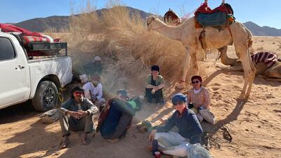 The group traversed 100km across the Wadi Rum desert on camelback, an expedition they accomplished in three days. Photo: Arabian Desert Camel Riding Centre