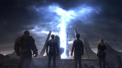 The Thing, from left, Michael B Jordan as Johnny Storm, Miles Teller as Dr Reed Richards, and Kate Mara as Sue Storm, in a scene from Fantastic Four. Twentieth Century Fox via AP