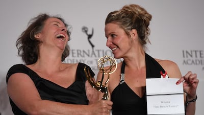 Lucia Haslauer and Beatrice Kramm pose with the award for the Short-Form Series at the 45th International Emmy awards gala in New York City. Don Emmert / AFP Photo