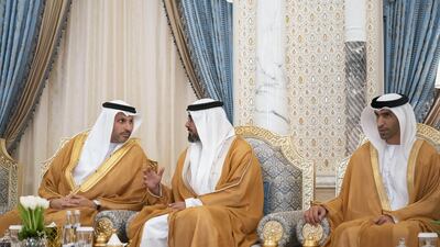 From left: Khaldoon Al Mubarak, chief executive and Managing Director Mubadala, Chairman of the Abu Dhabi Executive Affairs Authority and Abu Dhabi Executive Council Member; Maj Gen Sheikh Khaled bin Mohamed, Deputy National Security Adviser and Abu Dhabi Executive Council Member; and Dr Thani Al Zeyoudi, Minister for Climate Change and Environment, attend a meeting with Mr Ghani at the Presidential Palace.