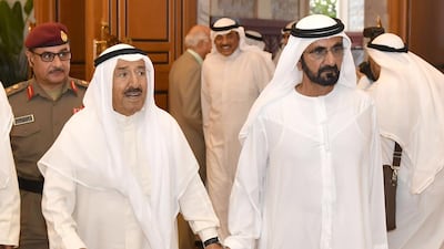 Sheikh Mohammed bin Rashid, Vice President and Ruler of Dubai, greets Sheikh Sabah Al Sabah, the Emir of Kuwait, on Wednesday during his visit to the UAE amid diplomatic tensions across the Gulf. Wam