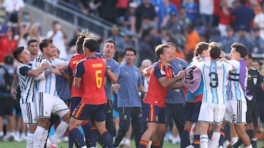 Argentina and Spain players in a scuffle after the 2026 World Cup final at MetLife Stadium. AFP