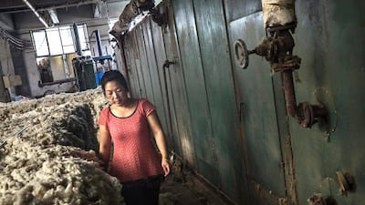 A worker stands next to machinery used to clean and bleach sheep’s wool imported from Australia at a factory near Zhangzhou. Kevin Frayer / Getty Images