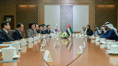 Sheikh Mohamed bin Zayed attends a meeting with Moon Hee-sang at the National Assembly Building. Seen with Dr Anwar Gargash, Minister of State for Foreign Affairs; Hussain Al Hammadi, Minister of Education; Noura Al Kaabi, Minister of Culture and Knowledge Development; and Abdullah Al Nuaimi, Ambassador of the UAE to South Korea.