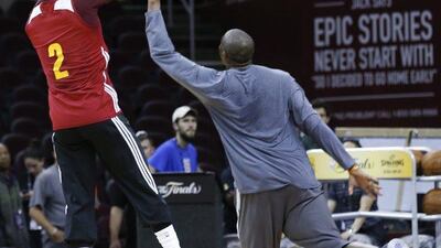 Cleveland Cavaliers guard Kyrie Irving (R) in action during NBA Finals practice at Quicken Loans Arena in Cleveland, Ohio, USA, 07 June 2016. John G Mabanglo / EPA