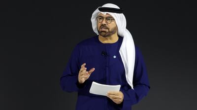 Mohammad Al Gergawi, Minister of Cabinet Affairs, makes the case for hope in a new industrial era at the World Goverments Summit in Madinat Jumeirah, Dubai. Chris Whiteoak / The National