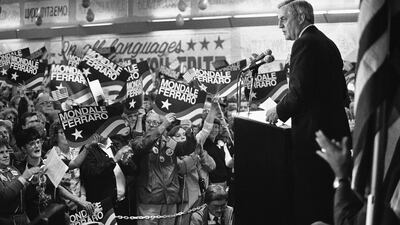 Mondale delivers a presidential campaign address at Victory Hall in Cudahy, Wisconsin. AP