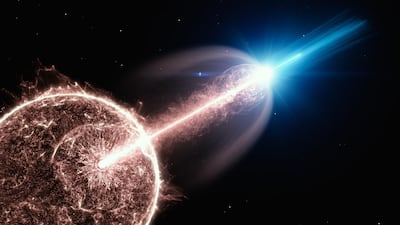 An artist's impression of a gamma-ray burst breaking out of a collapsing star. Courtesy: Deutsches Elektronen-Synchrotron research centre