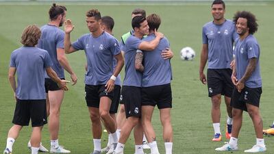 Cristiano Ronaldo, second left, and teammates take a break during a training session before the Uefa Champions League final in Cardiff, Wales, in May 2017.