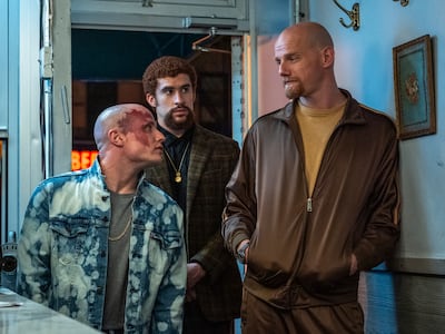 From left, Nikita Kukushkin, Bad Bunny and Yuri Kolokolnikov in Caught Stealing. Photo: Sony Pictures Entertainment