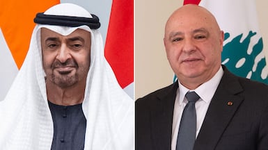 President Sheikh Mohamed discussed the Iran war and bilateral relations in a phone call with Lebanon's President Joseph Aoun. Photo: UAE Presidential Court / Getty & Joseph Aoun split