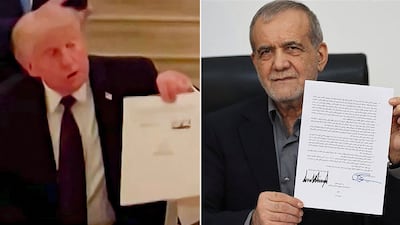 US President Donald Trump during the signing of a deal with Iran inside the Chateau de Versaille near Paris and Iran's President Masoud Pezeshkian holding a document showing the memorandum of understanding he signed to end the Middle East war. AFP