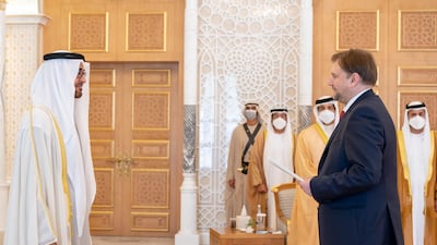 Sheikh Mohamed receives Jakub Slawek, ambassador of Poland to the UAE. Mohamed Al Hammadi /UAE Presidential Court
