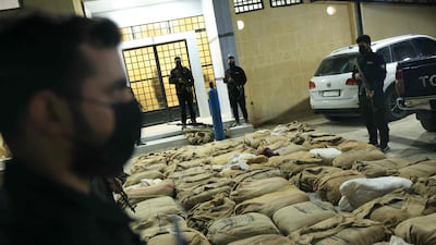 Syrian security forces display drugs seized in an operation near Damascus in October. AFP